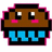 Pixelated brown character with pink cheeks and blue lower section against white background, next to pink background with "DON'T EAT ME!" text.