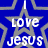 Blue background with repeating gray star outlines, white text "I love Jesus" repeated twice in pixelated font.