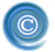 A circular blue pixelated icon with concentric rings and a white copyright symbol at center, set against a light gray background.