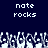 Pixelated text 'nate rocks' appears twice on a dark blue background above abstract white and gray shapes.