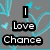 Static pixel art displays text 'I Love Chance' over a gray background with cyan abstract shapes.