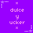 Purple background with repeated text 'duce y ucker' and star-and-x symbols in a pattern