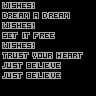 Animated contact sheet of a text-based buddy icon featuring repeated phrases in pixelated font with color variations across frames on black background