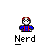 Pixel art character with red hair and blue jacket under text reading 'Nerd' in four variations showing different speech bubbles.