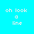 Pixelated text 'oh look a line' on cyan background with black rectangular overlays shifting across the image.