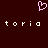 A dark red background features a pink pixelated heart symbol above two identical white pixelated text strings reading 'toria' separated by a space.