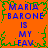 Orange background with green vine-like border, blue pixelated text repeating 'MARIA BARONE IS MY FAV' in four quadrants.