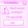 Static pink warning dialog box icon with text and symbols.