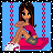 Pixel art animation of a cartoon girl on a swing with subtle pose changes across frames, set against blue background with pink chains and red seat.