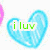 Animated icon with blue heart, 'i luv' text, colorful stars, and pink 'B&B' box on white background.