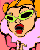 Pixelated cartoon character with orange hair and green sunglasses in two animation frames showing mouth movement.
