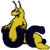 Yellow snail-like creature with two antennae and a wide smile, positioned atop a dark blue curved shape resembling a shell or wave.