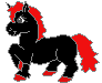 Four pixelated black unicorns with red manes and tails stand in a against gray background, each showing distinct pose variations