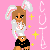 Pixel art contact sheet of a bunny-eared character in black shorts dancing against pink background with repeated "CUTE" text and yellow stars.