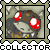 Pixelated character with large red eyes and brown hair, repeated in a pattern with 'COLLECTOR' text below each instance
