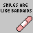 Pixel art image with bandaid icons and text about smiles covering pain, featuring a pink heart symbol.