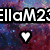 Pixelated heart icon with white outline and fill, set against a cosmic background with purple, blue, and red hues, overlaid with bold white text reading "EllaM23" on a black bar.