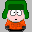 Pixelated character with green hair and orange shirt in multiple poses, some holding yellow flame-like objects against gray background.