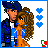 A 4-frame animated contact sheet showing a pixel art couple in blue and orange clothing with changing heart symbols, arranged in a 2x2 grid on white background.