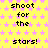 Yellow background with pink star pattern, repeated black text "shoot for the stars!" in pixelated font