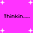 Bright pink background with white star shapes and repeated black text reading 'Thinkin....' in four positions.