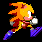 Pixelated character with spiky orange hair and blue shoes in six sequential running poses against black background.