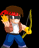 Pixelated character with brown hair, red headband, dark sunglasses, white shirt, brown vest, blue pants, yellow gloves holding a yellow bow and arrow in various shooting poses.