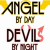 Pixelated text reads 'ANGEL' above 'DEVIL', each with smaller supporting text below, set against a white background with yellow and red accents.