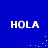 Blue background with four white 'HOLA' text blocks arranged in a , each surrounded by scattered cyan pixel clusters