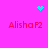 A pink background displays four instances of red text "Alisha F2" with cyan pixel art icons above and between them, including a heart shape and scattered dots.