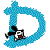 Blue pixelated D-shaped frame with a small cartoon character in various poses inside it.