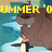 Pixelated cartoon character with brown fur and a sword, standing on a beach with blue water and sand, yellow text above head.