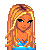 Pixel art contact sheet showing four frames of an animated icon featuring a blonde female character in blue and gray clothing with the word 'cutie' on a blue background.