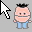 Pixelated cartoon character with black spiky hair and light blue pants, shown in multiple poses next to white arrow cursors on a gray background.