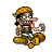 Pixel art character with long nose, yellow headband, brown outfit, and white accents sitting cross-legged with hand raised, showing two mouth expressions.