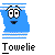 Pixelated blue character with white stripes on head and base, black hair, large white eyes with black pupils, smiling mouth, and 'Towelie' text below.