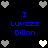 Pixelated icon with blue text "I Luvizz Dillon" surrounded by gray and white heart symbols on a black background.