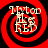 Four identical red and black spiral-patterned icons with white text and pixelated symbols, arranged in a