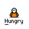 A 4x4 contact sheet of a pixel art animated icon showing a character in an orange shirt with various hand poses and expressions, labeled "Hungry" under each frame on a gray background.