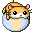 Pixel art of a small orange hamster with pink ears and black eyes, positioned inside a light blue circular shape against gray background.