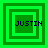 Four green square frames with nested borders display the text 'JUSTIN' in dark blue pixelated font, each frame showing a different border configuration.