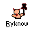 Pixel art character with red horns and red neckerchief holding black hammer, repeated six times on gray background with 'Byknow' text below each.