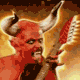 Red-skinned devil with white horns and black clothing, holding a guitar against a fiery background.