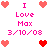 Pixel art icon with pink and red hearts surrounding text reading 'I Love Max 3/10/08' in two identical arrangements.