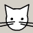 Pixelated black-and-white cat face with rounded ears, two small circular eyes, and a simple curved mouth on a light gray background.
