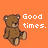 Brown pixelated teddy bear sits against orange background with white text 'Good times.' to the right.
