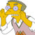Yellow cartoon character with wide eyes and open mouth holding a golden trumpet-like object against white background.