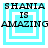Four identical square display 'SHANIA IS AMAZING' text over layered cyan and white squares with pixelated lettering