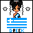 Pixel art contact sheet showing two frames of an animated AIM buddy icon featuring a cartoon woman with black hair and blue-and-white dress standing behind Greek flag, with star symbols changing from white outlines to solid blue between frames.