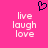 A static image with a bright pink background featuring a dark blue pixelated heart symbol above white pixelated text reading "live laugh love" in three lines.